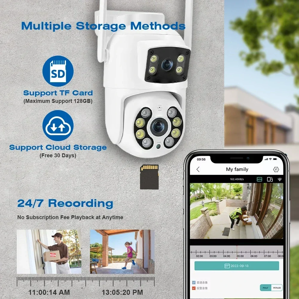 TREGEAR 8MP 4K Dual Lens Dual Screens Outdoor PTZ Wifi Camera AI Human Detection Wireless CCTV Security IP Camera Ziicam
