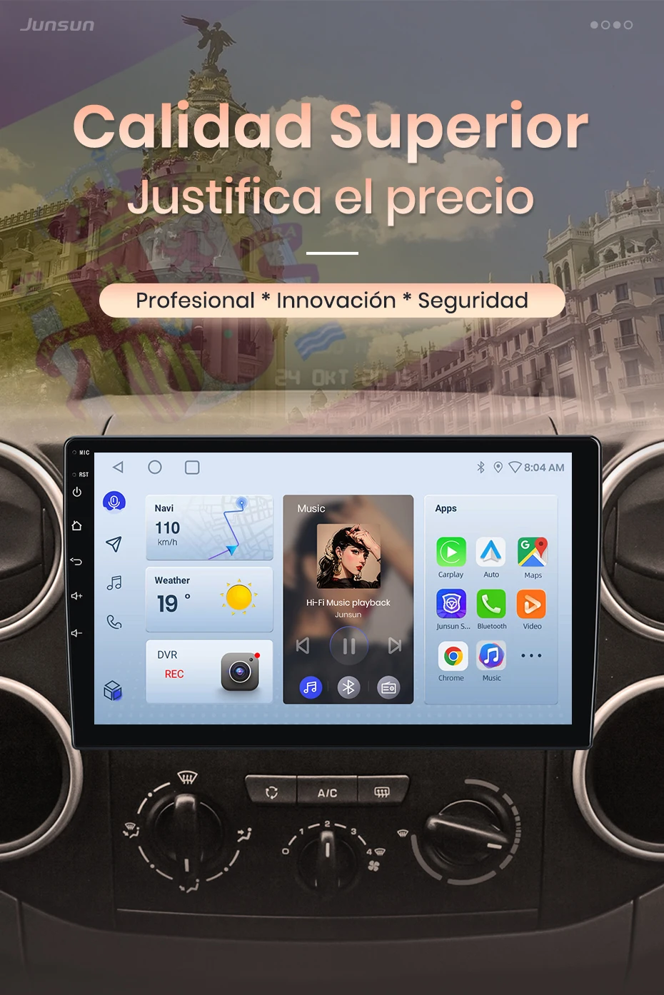 Junsun Wireless CarPlay Android Auto Autoradio für Citroen Berlingo Partner 2008-2019 Auto-Intelligentes System FM Spanisch Lokal – Detail 1
