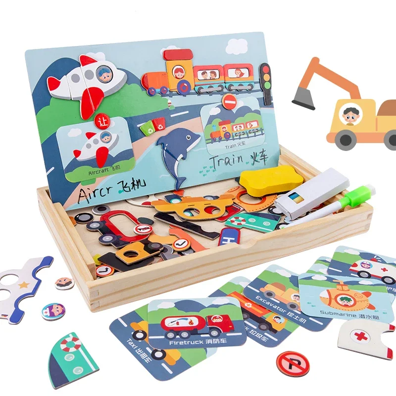 

new Kids Magnetic Puzzles Wooden Toys Vehicle Cognition Puzzle Multifunction Draw Board Games Educational Game Toy Children Gift