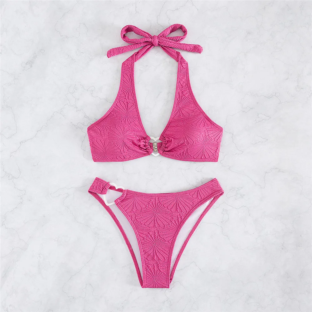 Conjunto de Bikini anudado con cuello Halter para Mujer, traje de baño Sexy con anillo de corazón, traje de baño de corte alto, Bikini Push Up para Mujer 2024