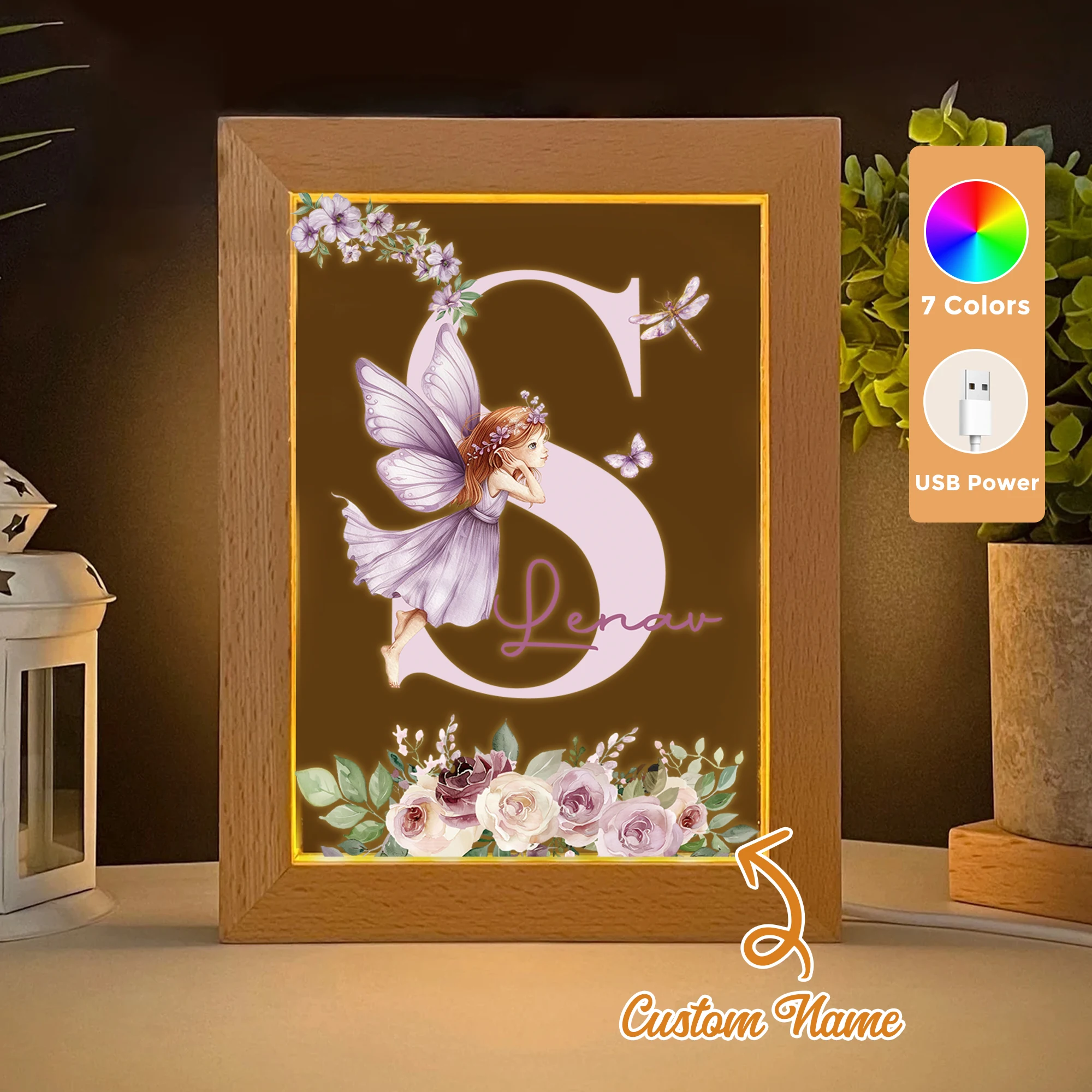 

2D Flat Custom Name Flower Fairy LED Acrylic Night Light Wood Photo Frame 21x17cm Cartoon Children Bedroom Gifts Home Decor Gift