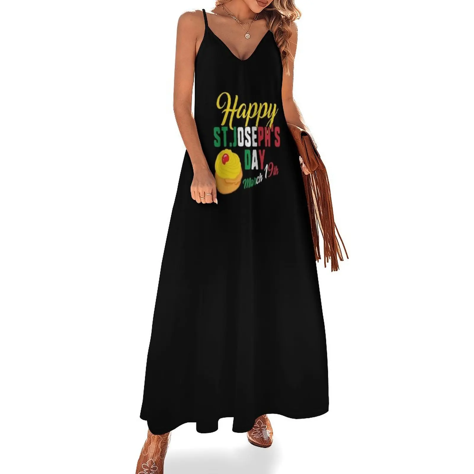 

Happy St Josephs Day Jesus Sfingi Zeppole March 19th Christ Catholic Religious Christian Gift Sleeveless Dress dress party night