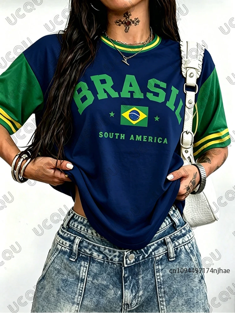 Sommerliches neues T-Shirt mit Brasilien-Print für Damen, Patchwork, O-Ausschnitt, Kurzarm, Sport-T-Shirt, Fußballtrikot, Y2K, locker geschnittenes Oversize-Oberteil – Detail 8