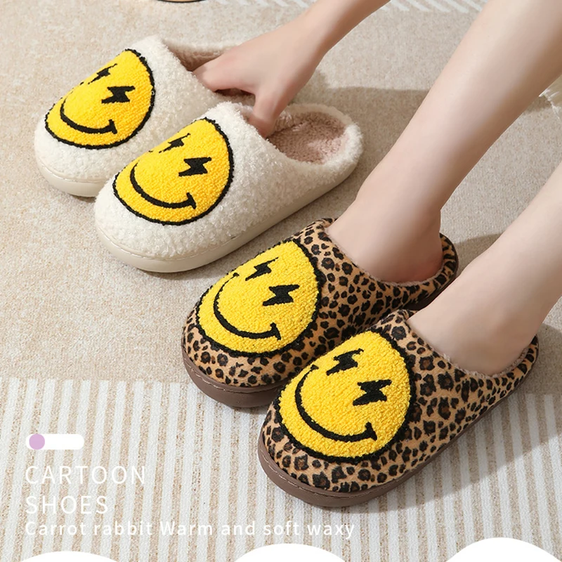 Leopard Print Hause Hausschuhe für Frauen Cartoon Lächeln Weiche Sohle Baumwolle Rutschen Frau Neue Winter Warme Plüsch Hausschuhe Nette Houseshoes – Detail 11