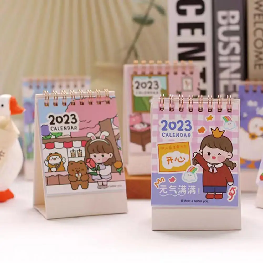 Bureau Kalender Cartoon Ontwerp Delicate Patroon Dubbele Ring Pagina Draaien Met Kartonnen Basis Time Management Mini 2023 Staande