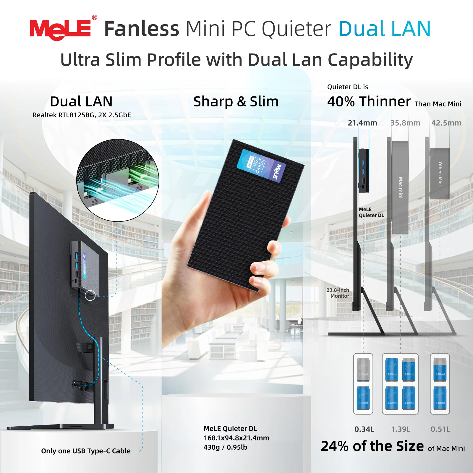 Mele quieterdl fanless mini pc 2.5gb duplo lan n100 windows 11 pro micro pc USB-C hdmi2.0 + dp1.4 display triplo computadores desktop