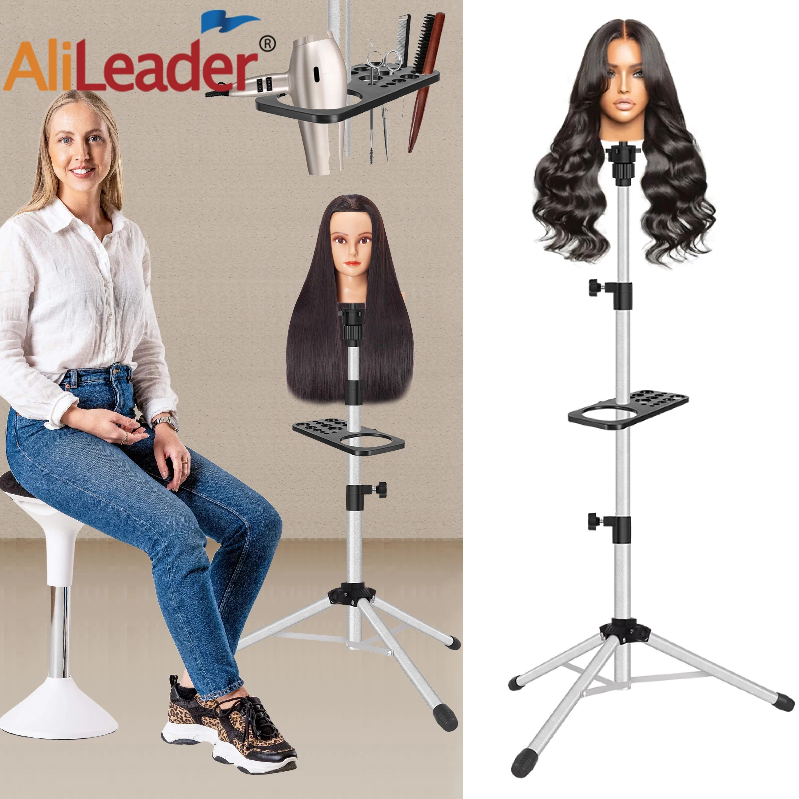 

Metal Wig Stand Mannequin Head Tripod Stand Adjustable Wig Head Stand Holder For Canvas Head Stand With Tray 50Inch