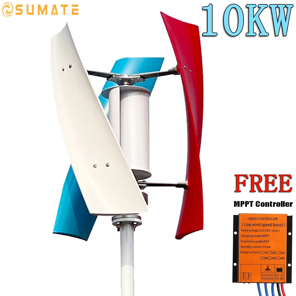 Tubina de Vento Vertical para Fazenda Doméstica Pequeno Moinho de Vento Lâminas Gerador Elétrico com Controlador Mppt 10kw 12v 24v 48v 10000w