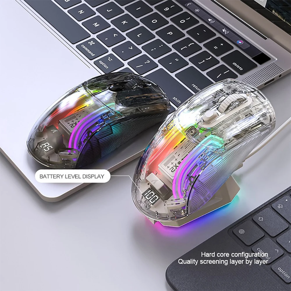 Three-Mode 2.4G Wireless Bluetooth Mouse Transparent Mouse with Charging Dock Power Display RGB Light Emitting Mouse