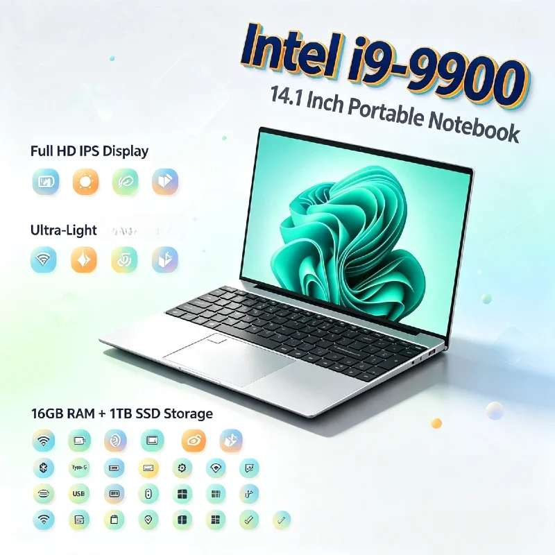 Intel i9 9900 14.1 Inch 2026 Gaming Laptop 5GHz 32GB DDR4 2TB SSD Ultra Slim Notebook 1920x1080 Office Pro Max Ultra