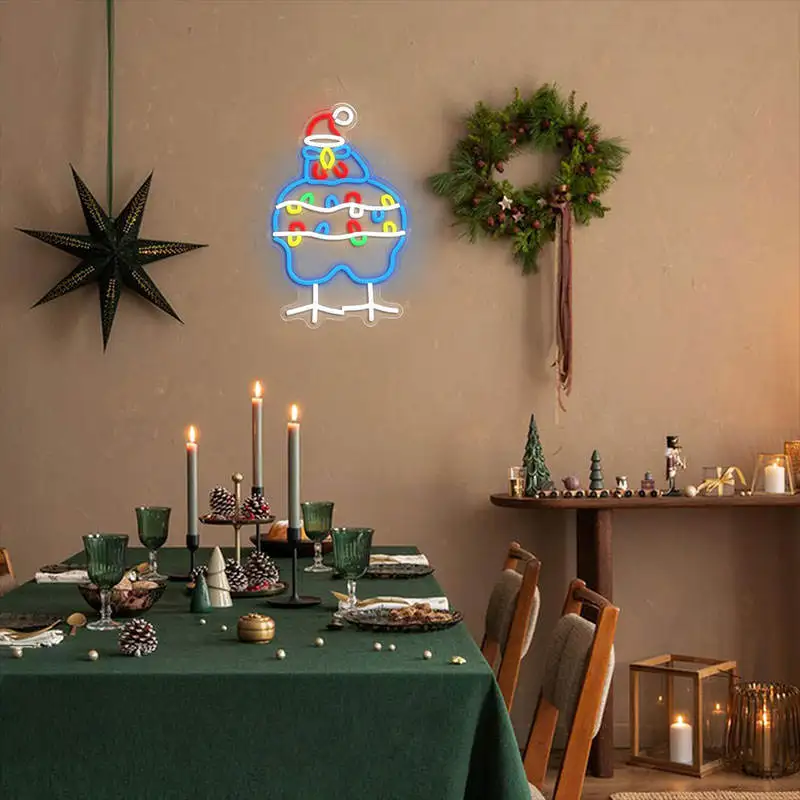 Santa Hat Chicken Led Neon Sign Merry Christmas Pattern Wall Decor Lamp for Xmas New Year Party Home Ornament Gift