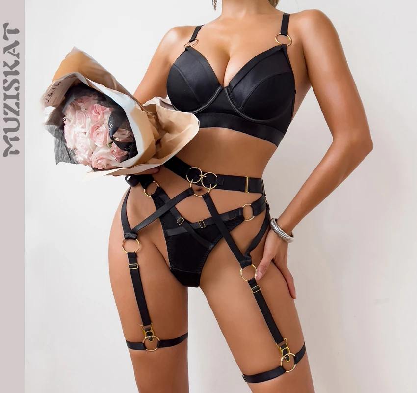 MUZISKAT 2024 New Fashion Heavy Crafted Strappy Cross Women's Lingerie Gathering With Steel Ring 4 Piece Set Onlyfans