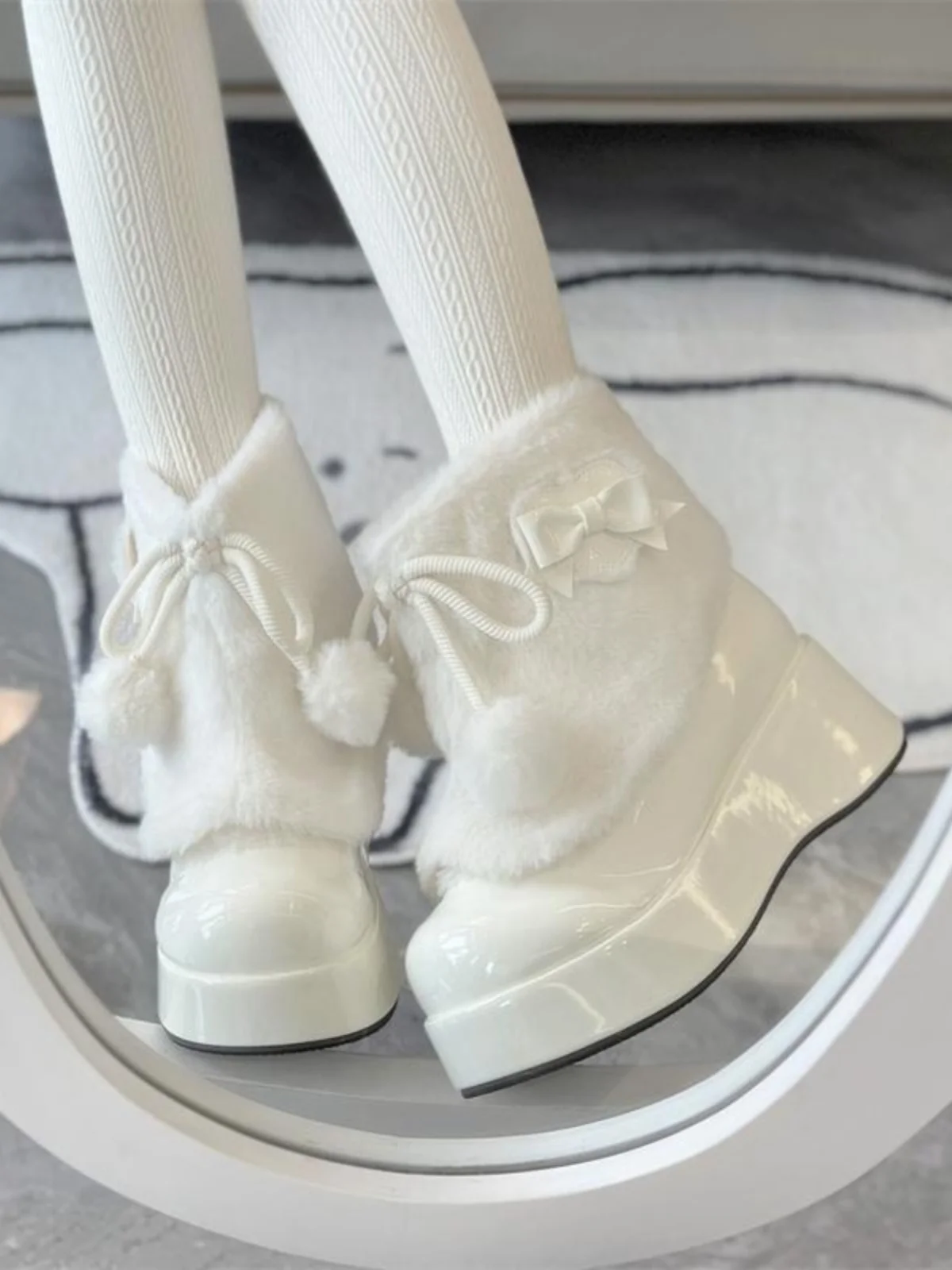 

Kawaii Japanese Original Cute Sweet Warm Lolita Bow Hairball Plush Thick-soled Fluffy Shoes Soft Girl Snow Short Boots Women