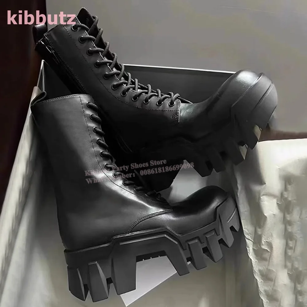 Lace-Up Motorcycle Mid Calf Boots Thick Height Increasing Round Toe Side Zipper Genuine Leather Solid Black Fashion Luxury Shoes