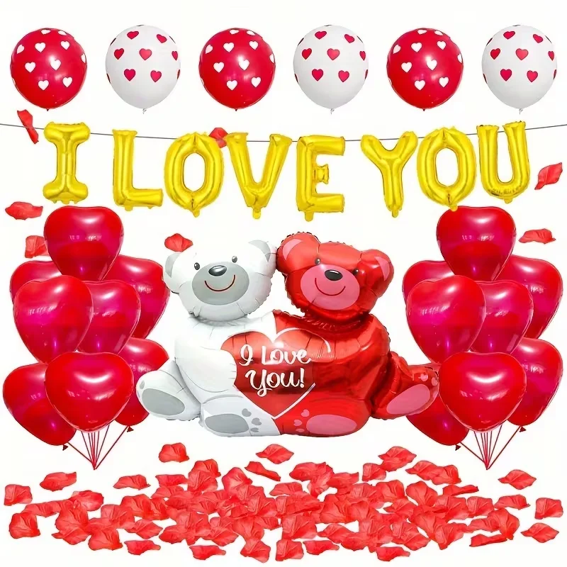 Folienballon-Set zum Valentinstag „I Love You“-Buchstabe, herzförmiger Ballon, Bär, Jahrestag, Valentinstag, romantische Luftglobos