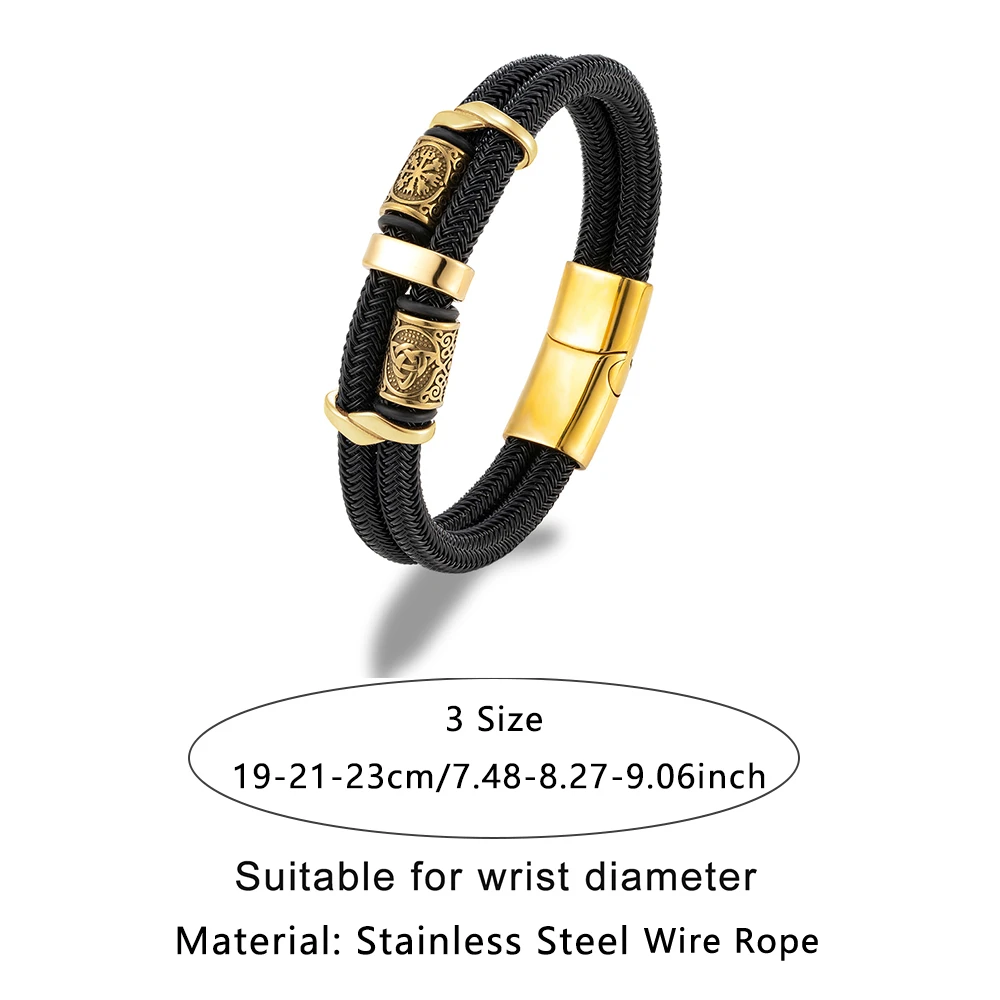 Vikings Runes Double-Layer Unfading Wire Rope Bracelets Men Norse Gold Color Stainless Steel Wristband Luxu Male_maomaolike.com