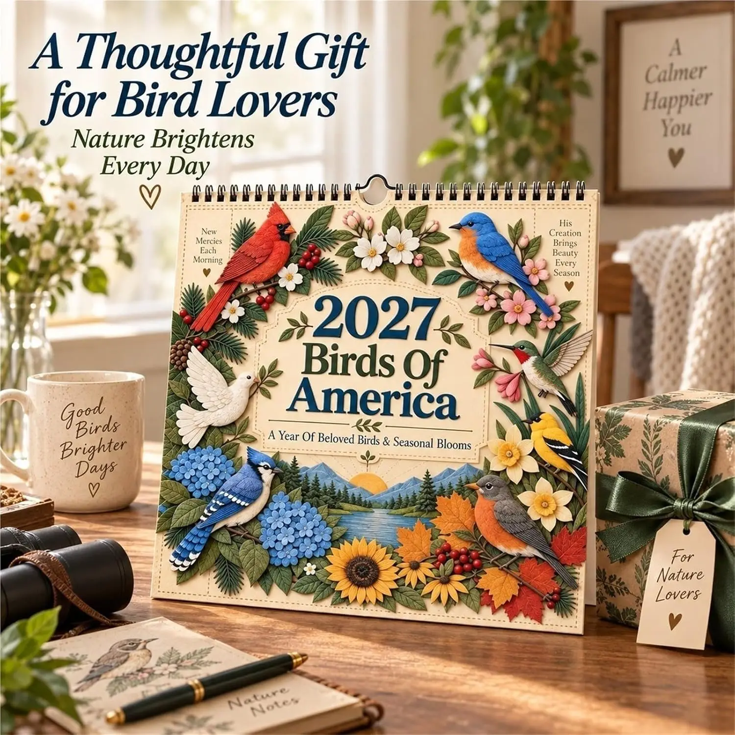 2027 Birds Wall Calendar Seasonal Blooms Bird Art Monthly Planner Vintage Nature Art Wall Decor Gift for Bird Watching Fans