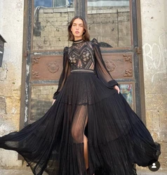 Fashionvane Customized 2024 Lace High Collar Long Sleeves Robe Des Marrige Side Slit Sexy Wedding Party Bride Wear Gowns