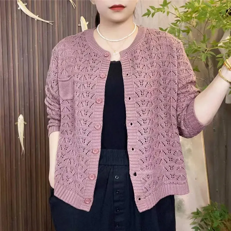 Primavera Nuovo Cardigan lavorato a maglia scavato Top Donna Moda Mamma O-Collo Maniche lunghe Maglione Scialle Maglieria Abbigliamento Donna B1232