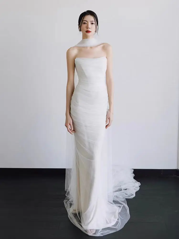 

Белое атласное вечернее платье-русалка Ele: простое, элегантное, для свадьбы, выпускного или торжества, с длинной юбкой