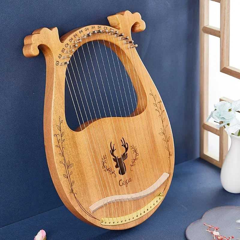 16-String Wooden Lyre Harp Round Shape Sound Hole Metal Harp Strings Solid Wood Strings Instrument