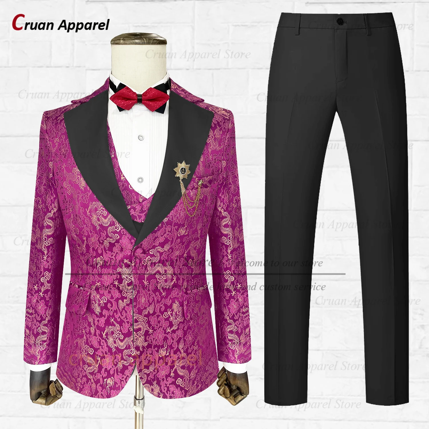 

Jacquard Suit Sets For Men Wedding Grooms Tailor-made Elegant Outfits Fashion Party Male Black Lapel Blazer Vest Pants 3 Pieces