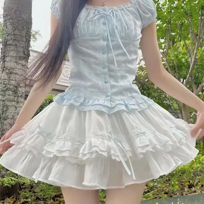 Dolce Sottile Set da 2 pezzi Manica corta Y2k Abiti da donna vintage O-Collo Punk Abito da ballo Harajuku Corea Abito con fiocco Goth Fairy Grunge