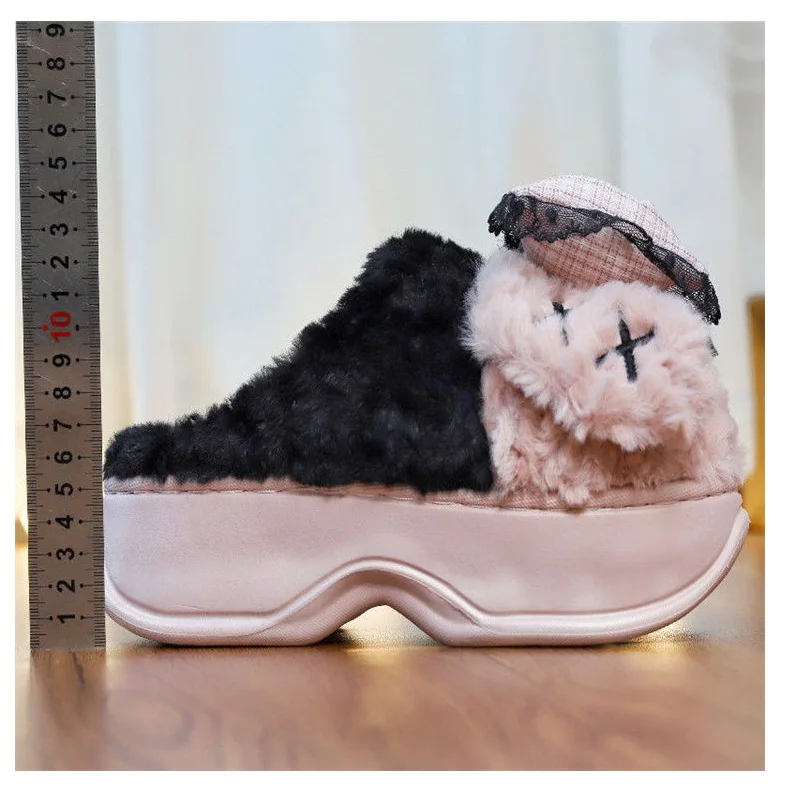 New pink bowknot gothic slippers women winter chunky slides girls harajuku shoes thick sole slipper woman fluffy high heel mules