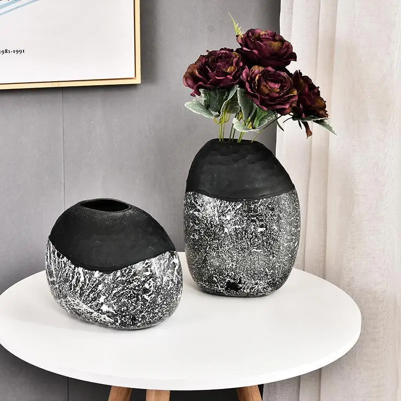 Black Glass Vase Geometric Frosted Graffiti Pebble Floral Arrangement Accessories Terrarium Flower Vase Home Decoration