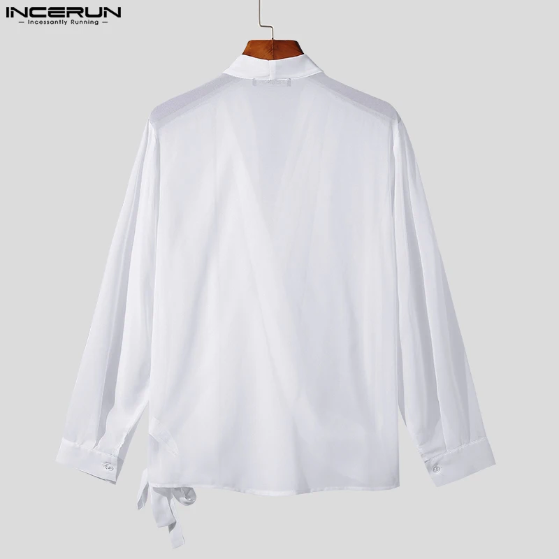 INCERUN Tops 2023 Korean Style New Men\'s Pile Up Collar Tie Up Blouse Fashion Solid All-match Chiffon Long Sleeved Shirts S-5XL