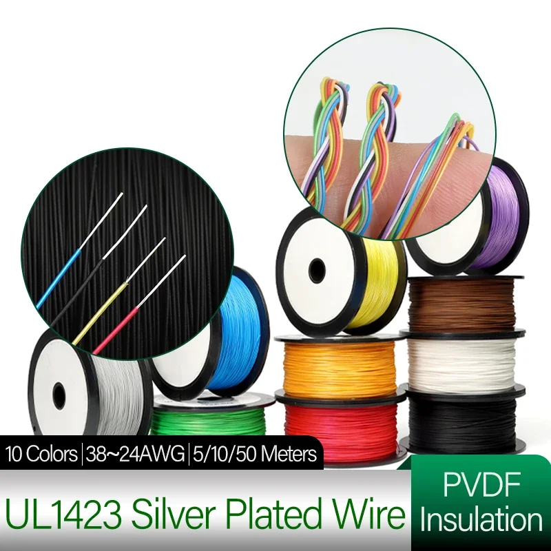 10 Colors UL1423 Silver Plated Copper Wire 38/36/34/32~24AWG Single Core Micro Fine High Temperature Electronic Line PC 5/10/50M
