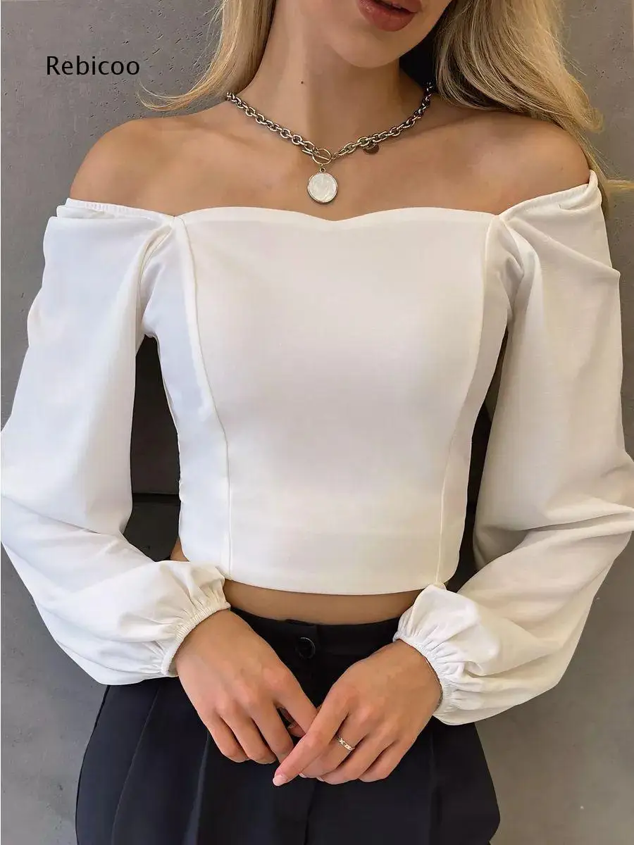 Off Shoulder Fitted Crop Blouse For Women Sweetheart Neck Elastic Cuff Design For Hangout Occasions And Various Casual Styling