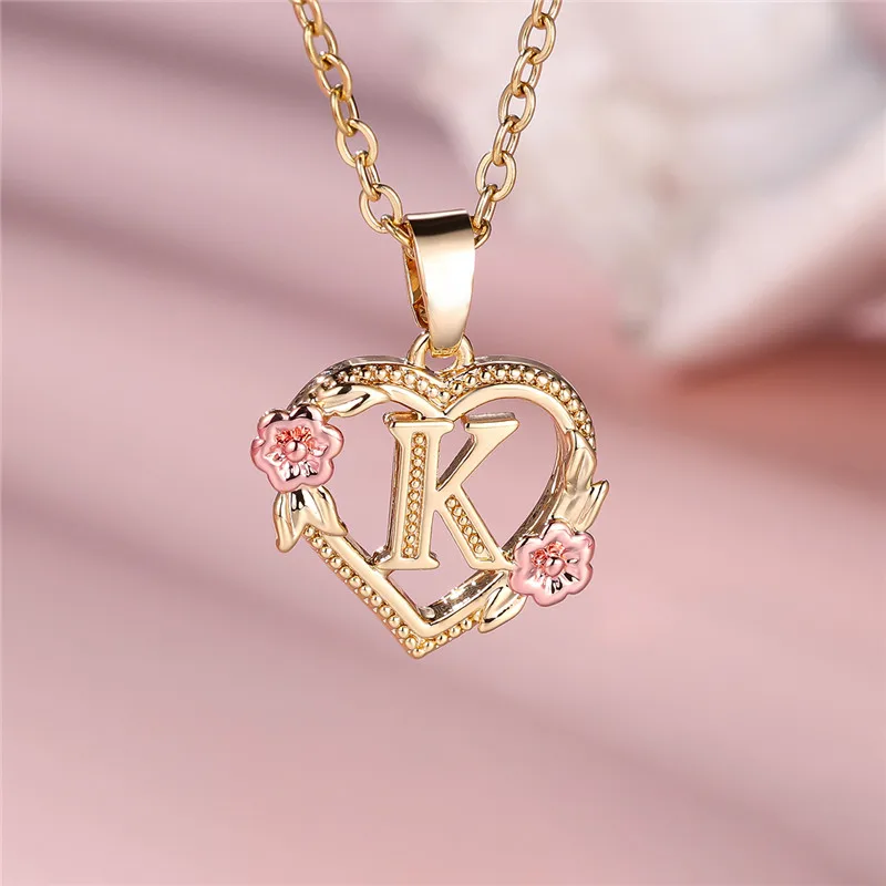 Female A-Z Letter Flower Pendant Necklace Yellow Gold Color Wedding Jewelry Gift For Women