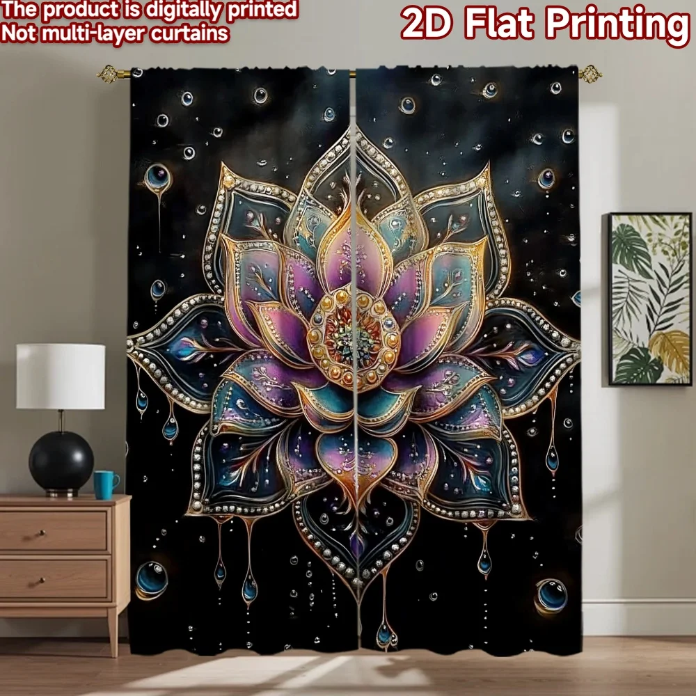 2D flat 2pcs Curtain French Romantic Style Jeweled Lotus Bloom Digitally printed polyester Party & Holiday Decor for Holiday