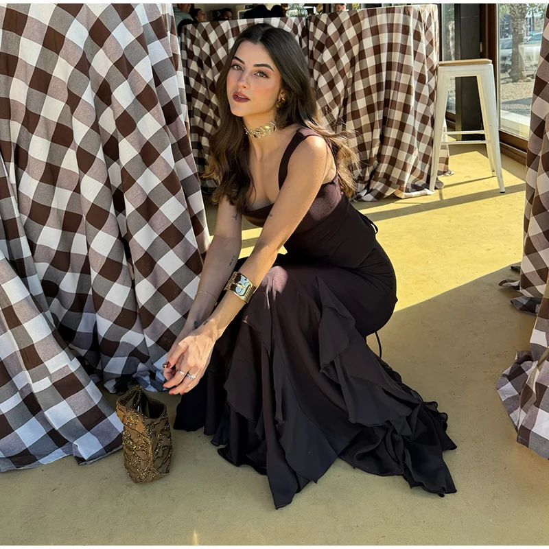 Square Neck Sleeveless Tank Tiered Ruffle Skirt Two Piece Set Bodycon Fitted 2026 Summer Women Outfit Casual Chic Lady Conjunto