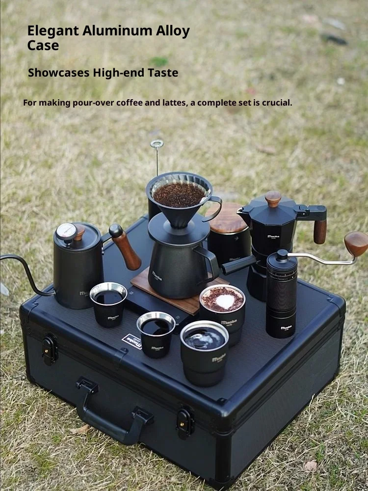 Cafetera de goteo manual para viajes y camping, personalizable a cualquier tamaño, estilo vintage, con accesorios completos, de acero inoxidable grueso y estuche de transporte de aluminio sellado.