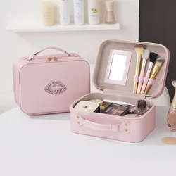 1Pc Makeup Case With Mirror 2 Colors PU Leather Large Capacity High-end Makeup Bag For Cosmetics Storage