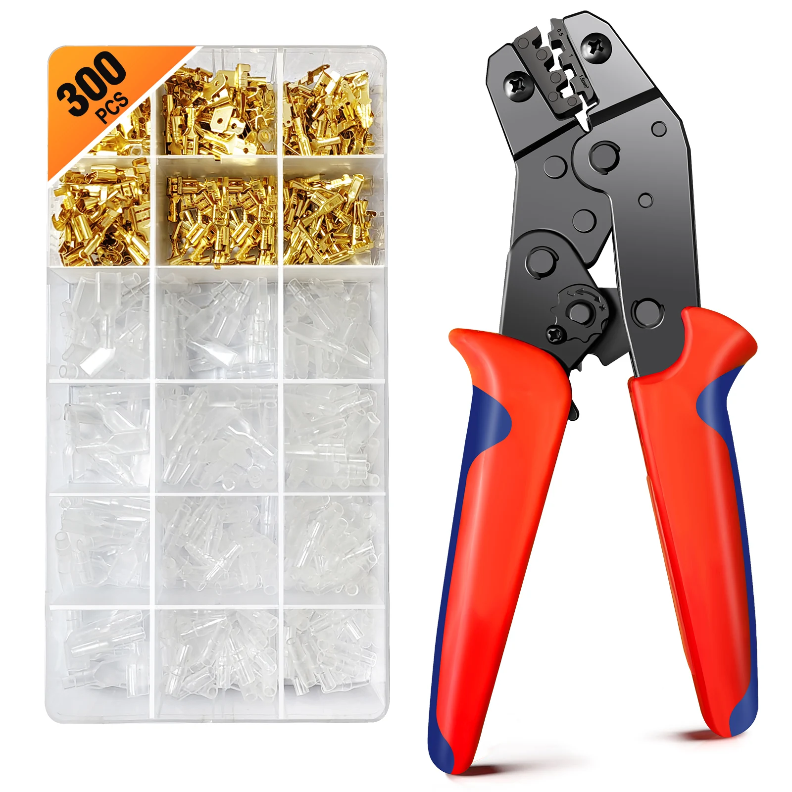 Wire Terminal Crimping Tool Kit, Ratchet Cable Crimper Plier with 300PCS Male Female Spade Connectors and Insulated Sleeves