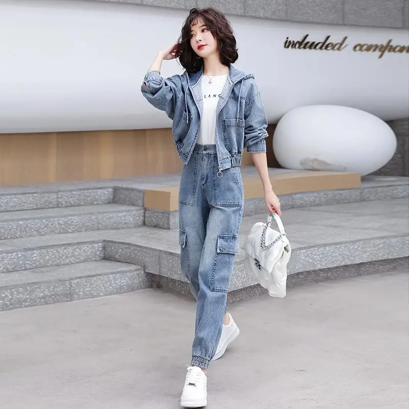 

2026 New Denim Suit Women Spring Autumn Two Piece Set Female Denim Short Jacket+Jeans 2 Piece Set Ladies Casual Pants 2PCS 3XL