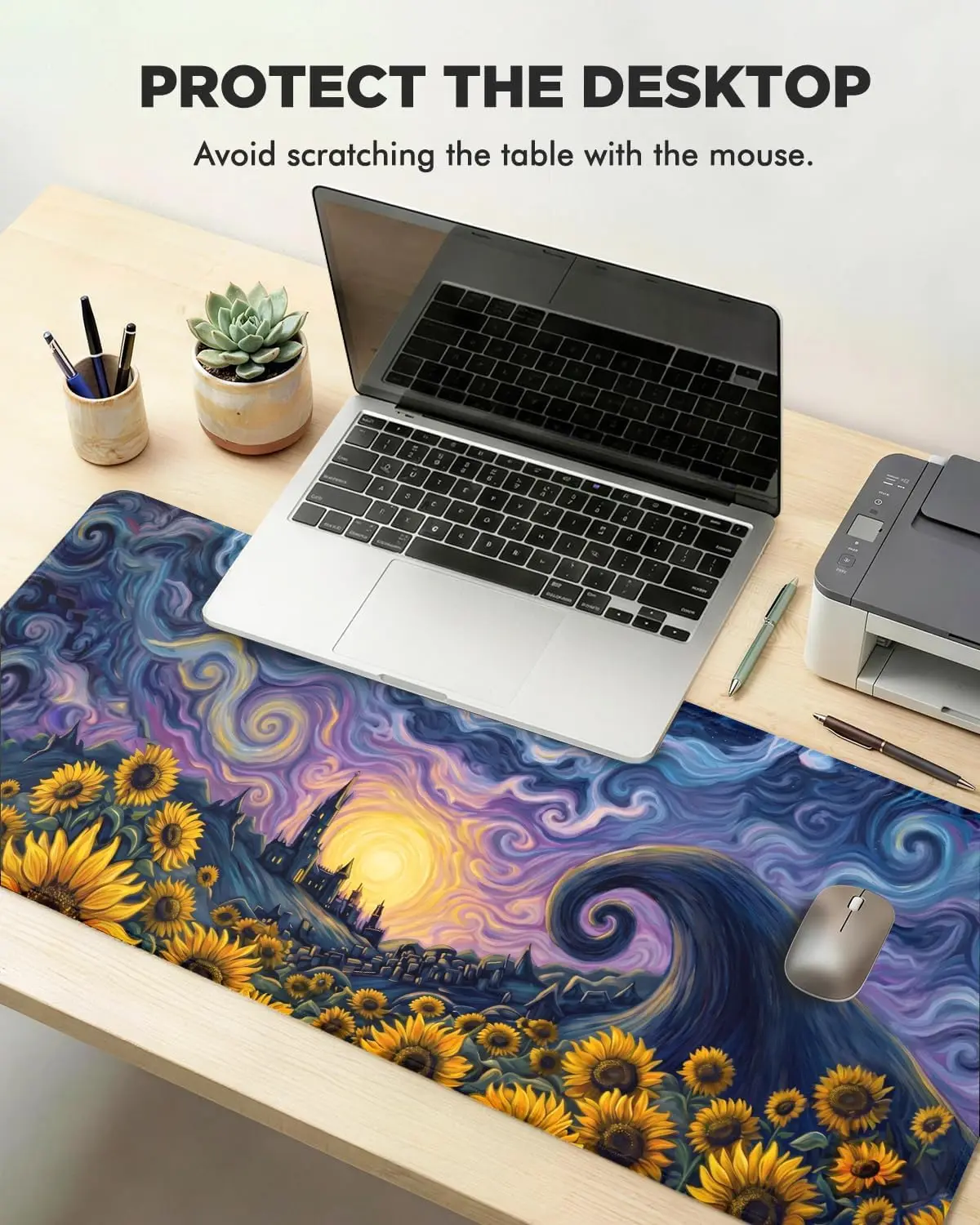 Van Gogh Art Gaming Mouse Pad, Swirly Starry Sky Sunflower Medieval Castle Pattern, Stitched Non‑Slip Desk Mat for PC Keyboard