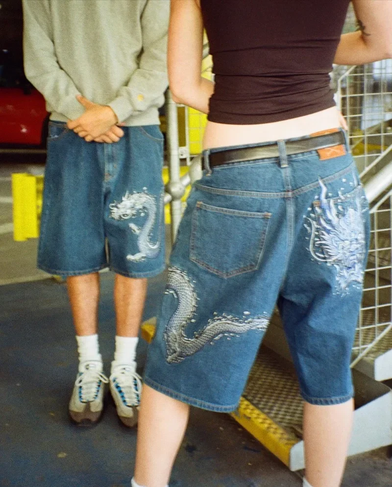 Short en jean rétro pour hommes et femmes, short hip hop gothique, streetwear, motif de dragon Bounty, mode d'été, Y2K, 2024