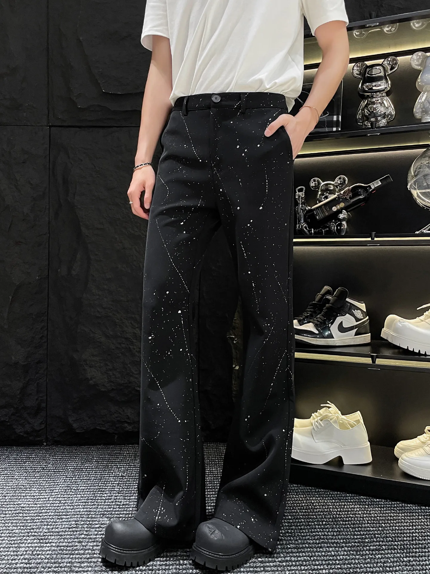 Black Splashed Ink Micro Flared Pants Spring Summer New Korean Fashion High Street Paint Printed Men's Sequined Suit Trousers