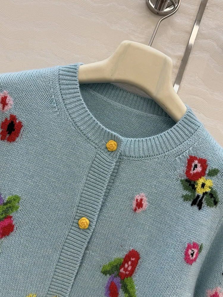 

Осенне-зимний новый стиль: женский синий модный вязаный кардиган из кашемира с аппликацией и вышивкой, приталенный крой