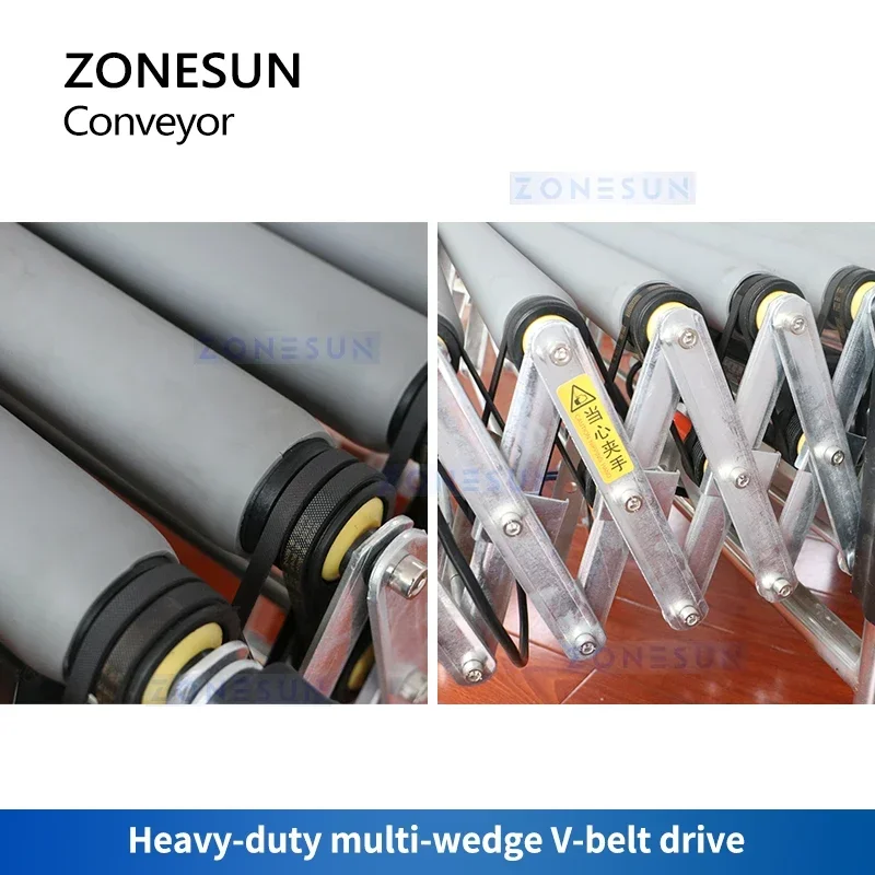 

ZONESUN Flexible Roller Conveyor Expandable Powered Multi Wedge V Belts Material Handling Loading Equipment ZS-FCR600