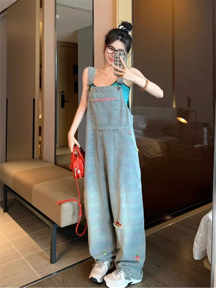 

Women's Vintage Blue Loose Overalls Straight Casual Fashion Cool Girl Wide Leg Pants Female Streetwear Rompers Hole Trouser