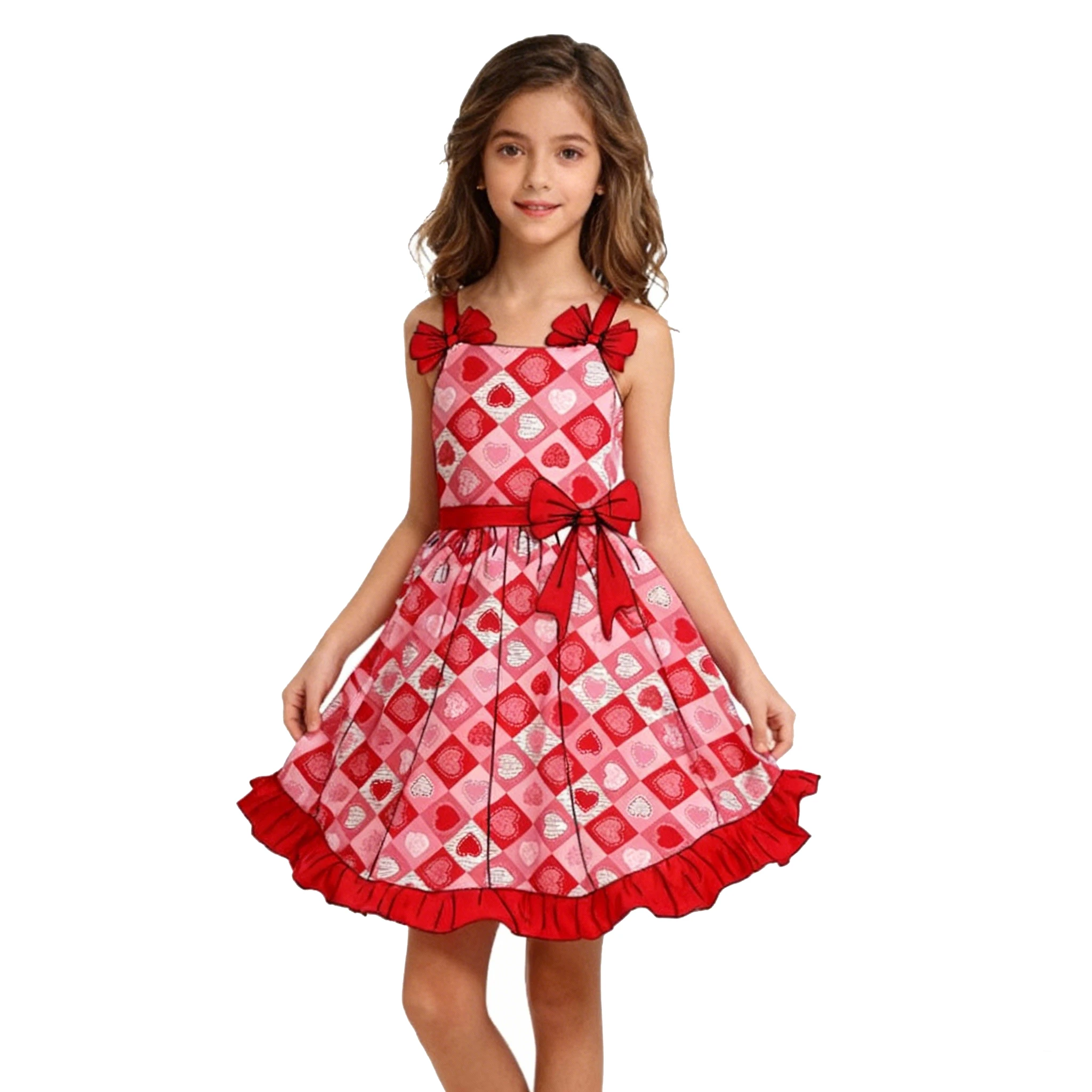 New Toddler Girl Valentine's Dress Heart Checkered Print Sleeveless Bow Twirl Dress Cute Casual Clothes