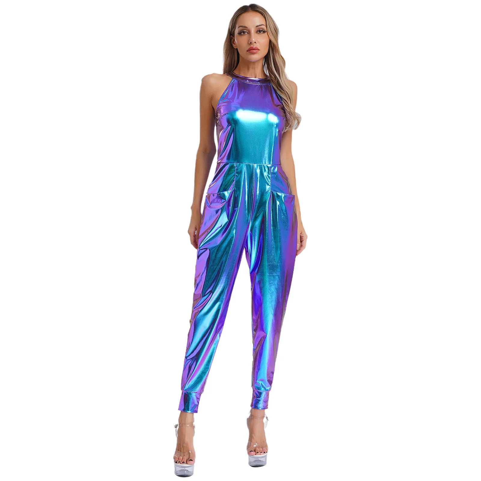 Frauen Shiny Vintage Jazz Walzer Tanz Strampler Aushöhlen Shiny Metallic Body Street Party Fashion Overall Club Disco Tragen