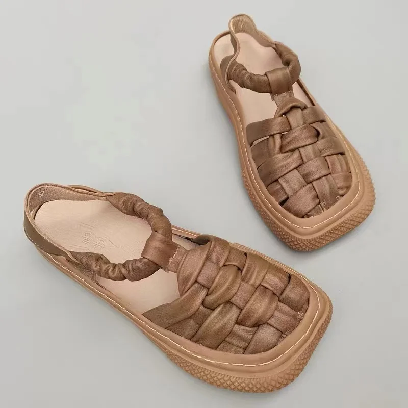 Careaymade-Genuine leather pure handmade woven women's sandals loose  large head original single summer retro stitched sandals