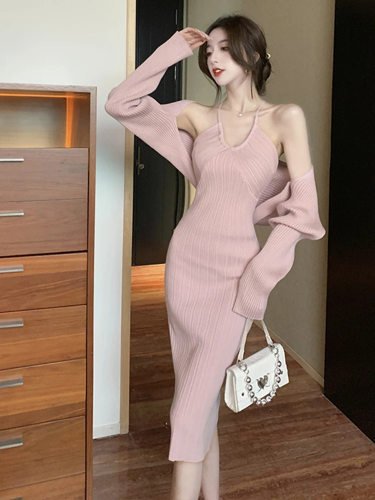 

Sexy Strap Halter Knitting Dress+Cardigan Two Piece Dress Set For Women Sweater Knitted Skirt Autumn Winter Suit 5 Colors
