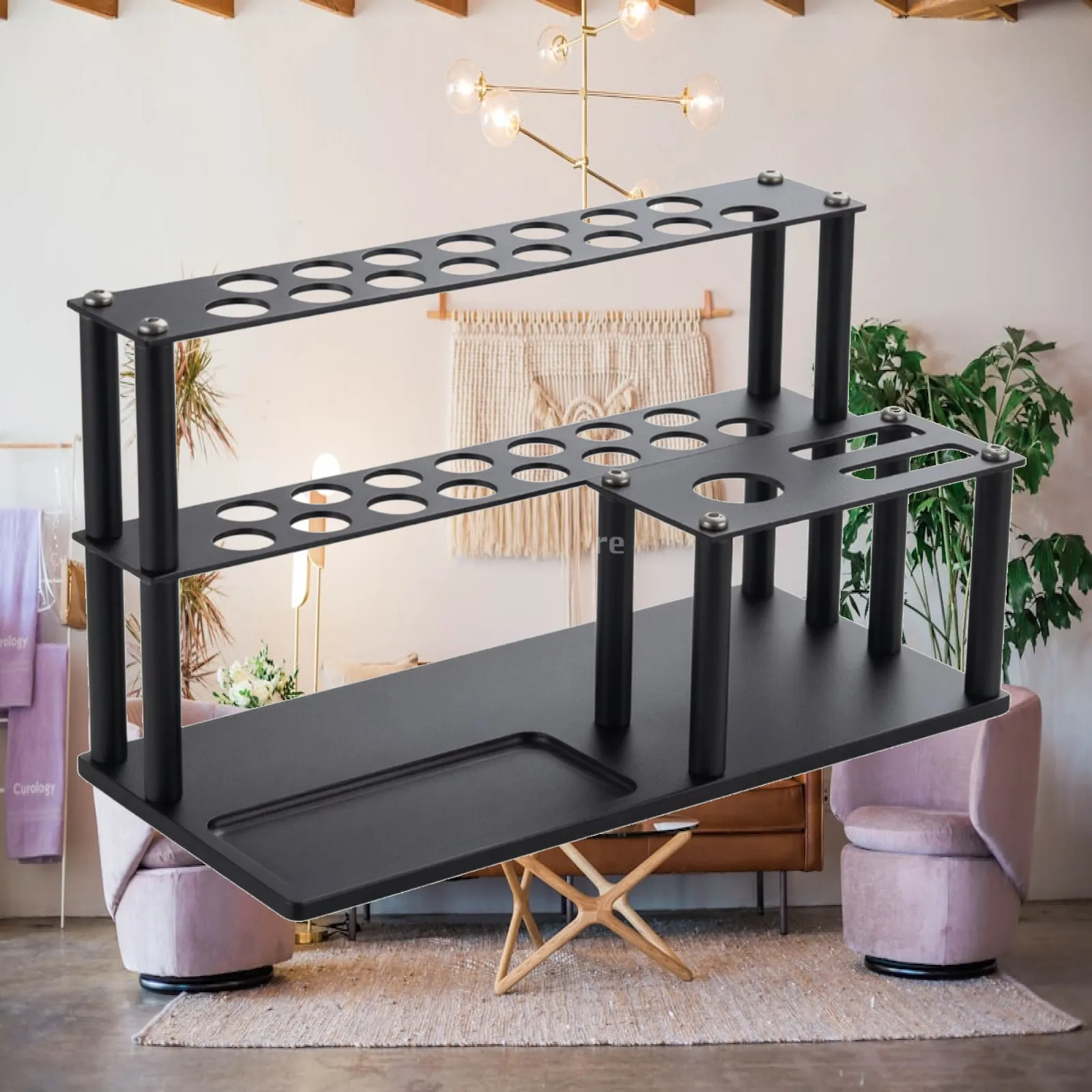 Screwdriver Storage Stand for Repair Station Workbench with Black Metal Frame Two Shelves and Side Rack